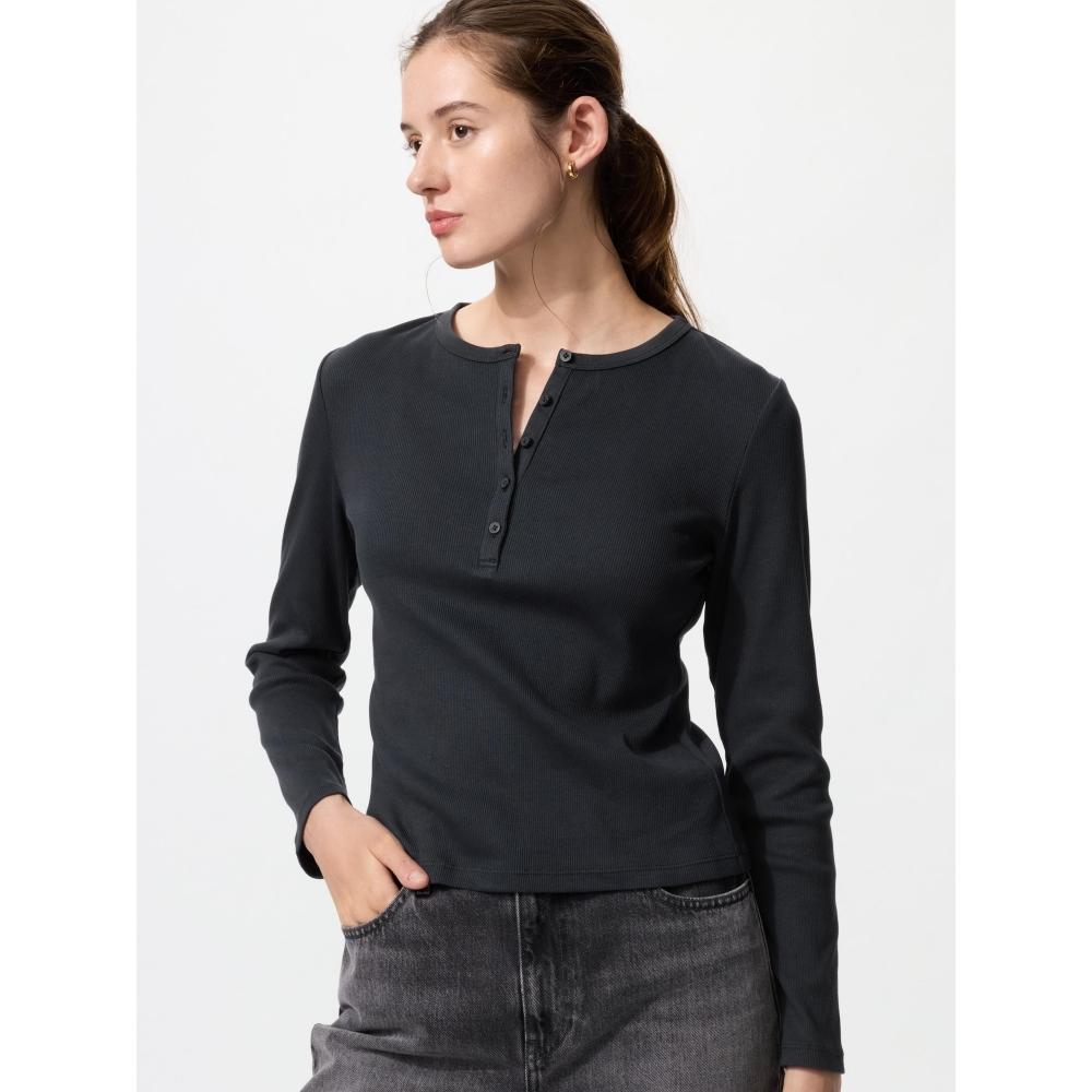 Uniqlo Rib Henley Neck T shirT Long Sleeve