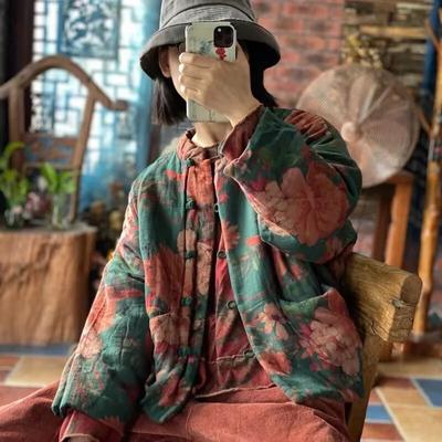 Leinen Druck Vintage Chinesischen Stil Frauen Mäntel Frühling Volle Hülse Lose Retro Oansatz Taschen Mäntel Parkas