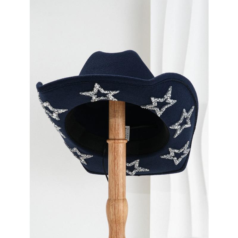 Unisex Black Felt Wide Brim Cowboy Hat With Rhinestone Star Decor