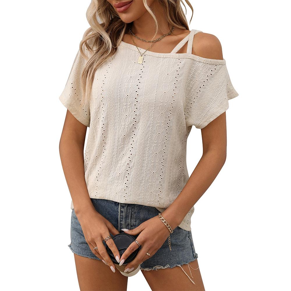 Summer Women's Solid Color Single Shoulder Short Sleeved T-shirt with Hollowed Out Top for Women Shirt