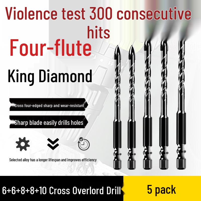 Impact Hex Shank Four-Blade Cross King Drill Bit for Concrete, Tile, and Glass