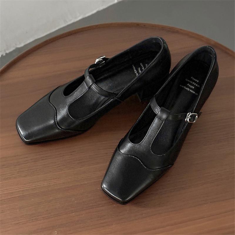Fashion New Spring/summer Mary Jane Shoes Genuine Leather Shoes for Women Fashion High Heels Square Toe Women Pumps Chunky Heels Silvery