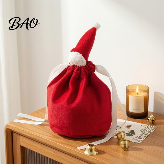 Fabric Drawstring Bags for Gifts Christmas Gift with Santa Hat, Reusable Velvet Xmas Goodie Sacks, Festive Candy Apple Treat Pouch Eve Giving,