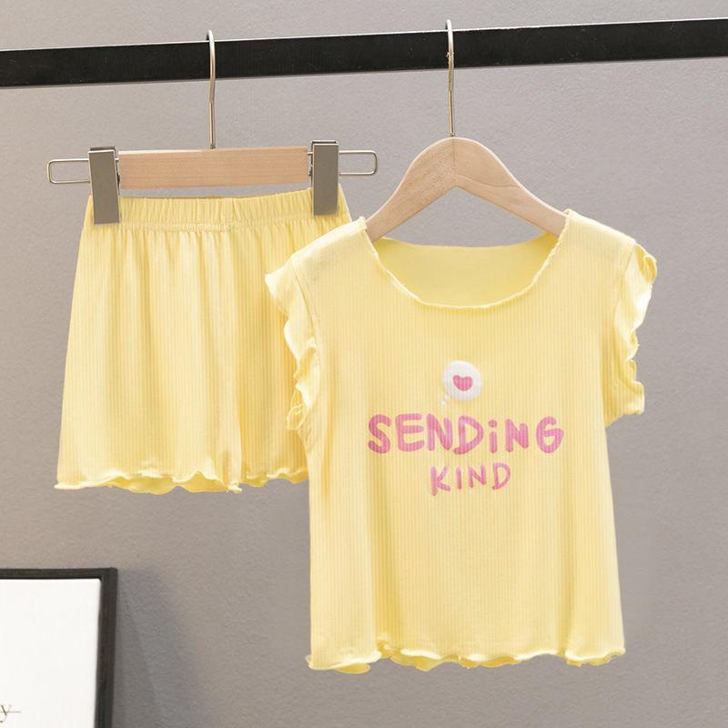 

Комплект из двух предметов: шорты без рукавов для девочек с оборками и рукавами-крылышками, домашняя одежда, летний комплект для малышей, летняя одежда, одежда для кондиционированных помещений 150 жёлтый