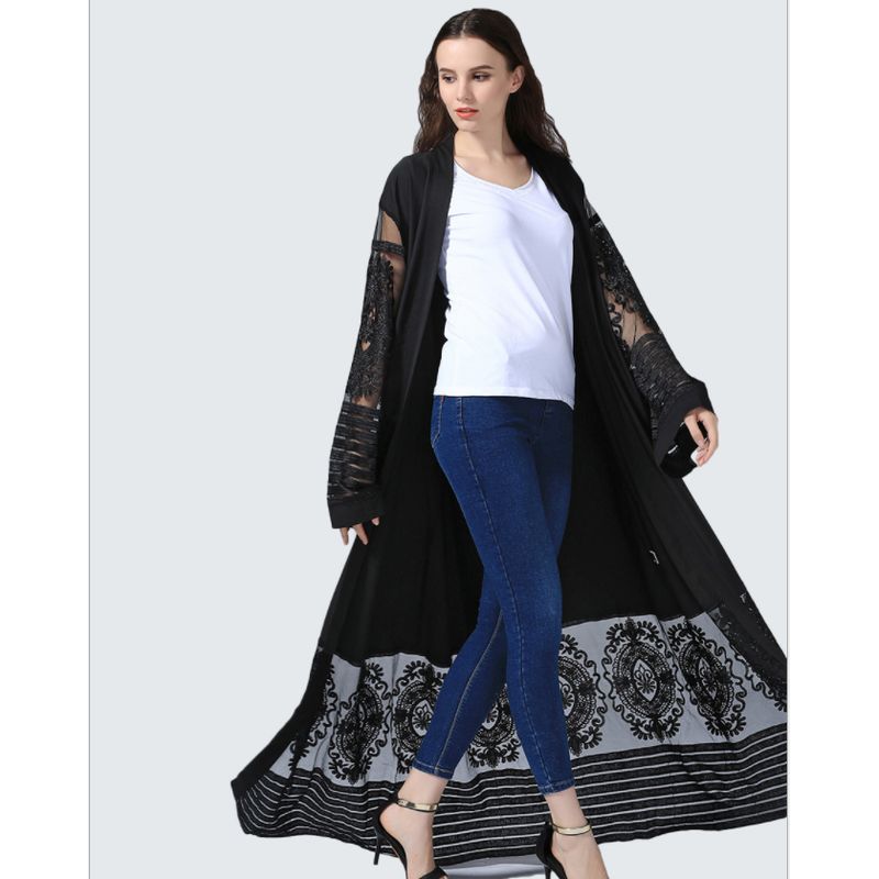 Fashion Women's Embroidered Mesh Cardigan Dubai Robe Dress