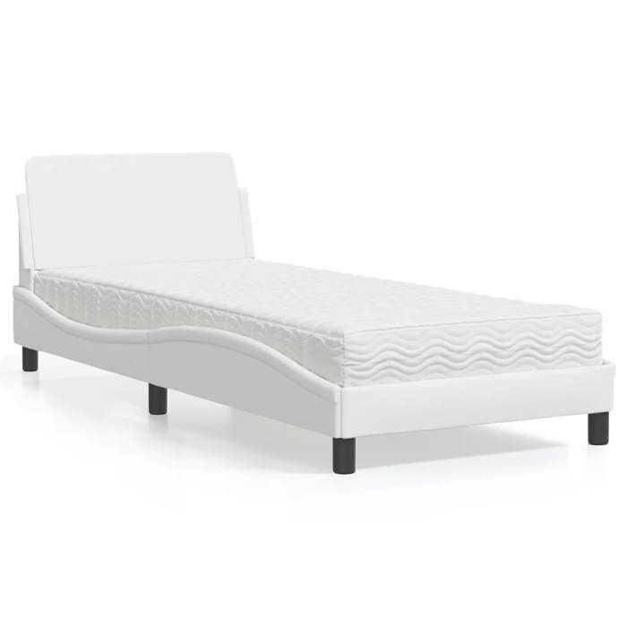 VidaXL Bed with Mattress White 90x200 Cm Faux Leather, Bedroom Furniture, Single Bed, Curved Bed Frame, Slatted Base, 3208338