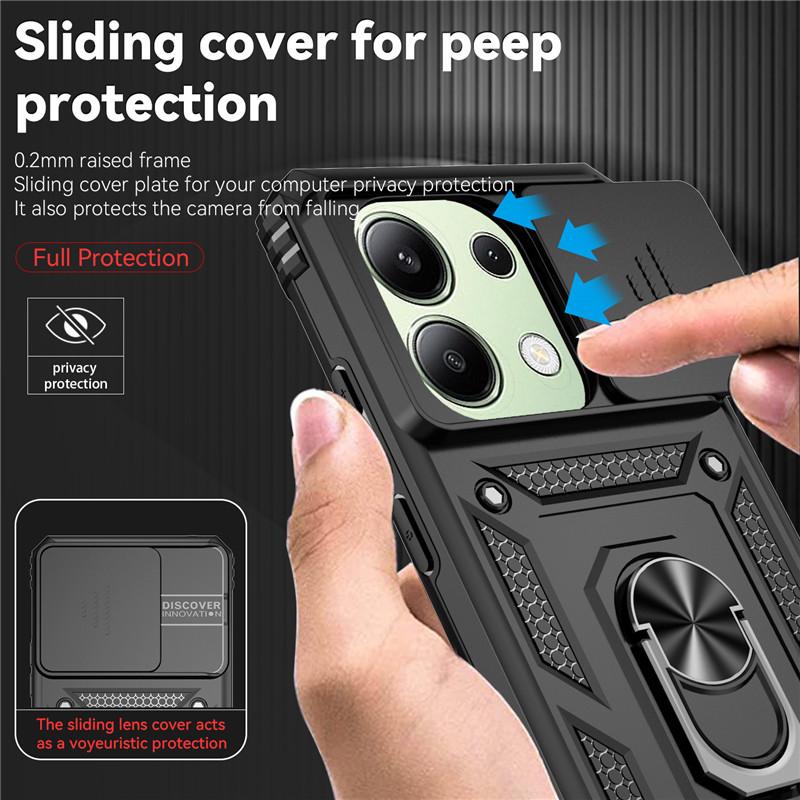 For Xiaomi Poco M6 Pro 4G Case Armor Slide Camera Lens Cover For Poko Little Poco M6Pro M 6 POCOM6 4G Pro Ring Stand Cases