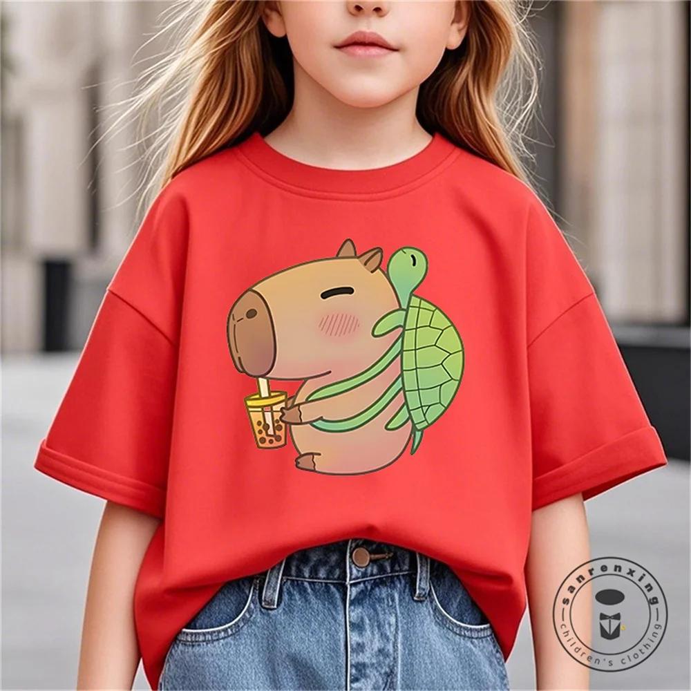 Vară Nouă Tendință Imprimeu Capibara Drăguț Tricou cu Mânecă Scurtă pentru Copii Drăguț Confortabil Versatil Tricou pentru Băiat și Fată