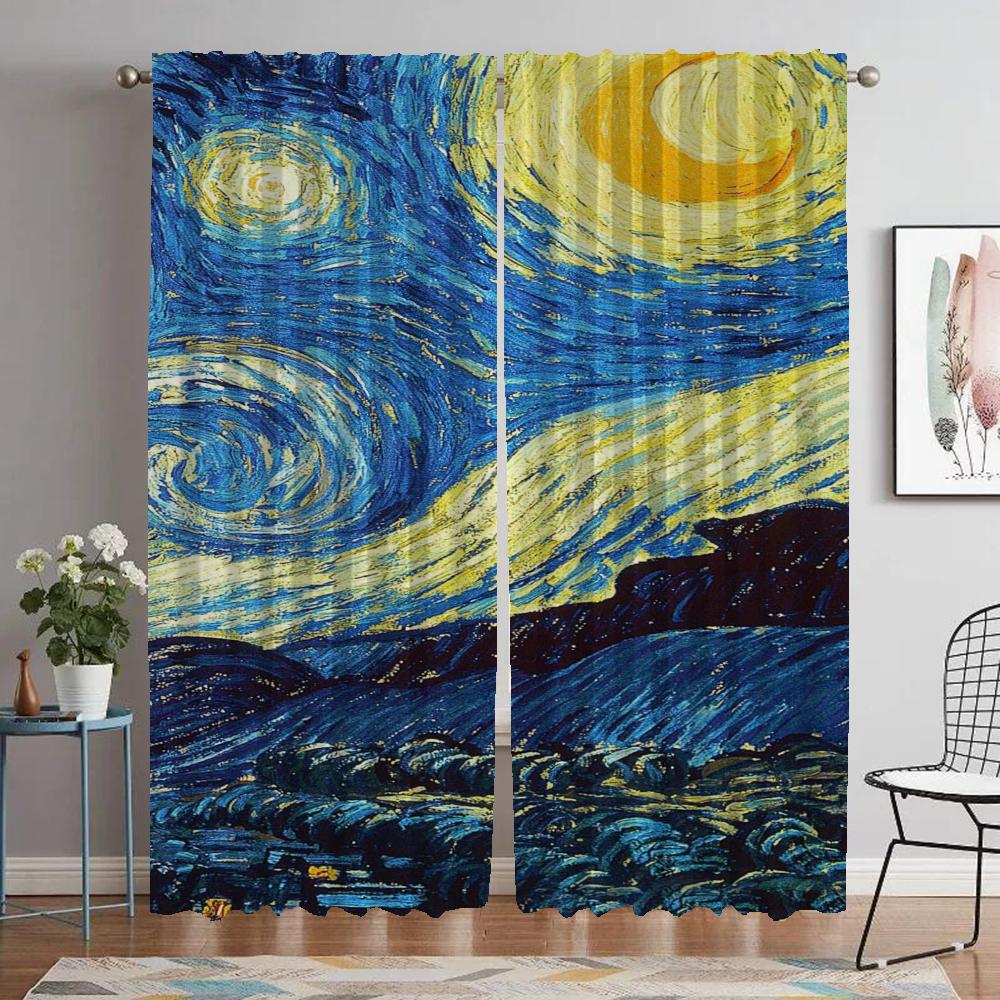 Kitchen Curtains for Living Room Curtain for Room 2 Panel Van Gogh Shades Home Interior Curtains Halloween Decoration Partition