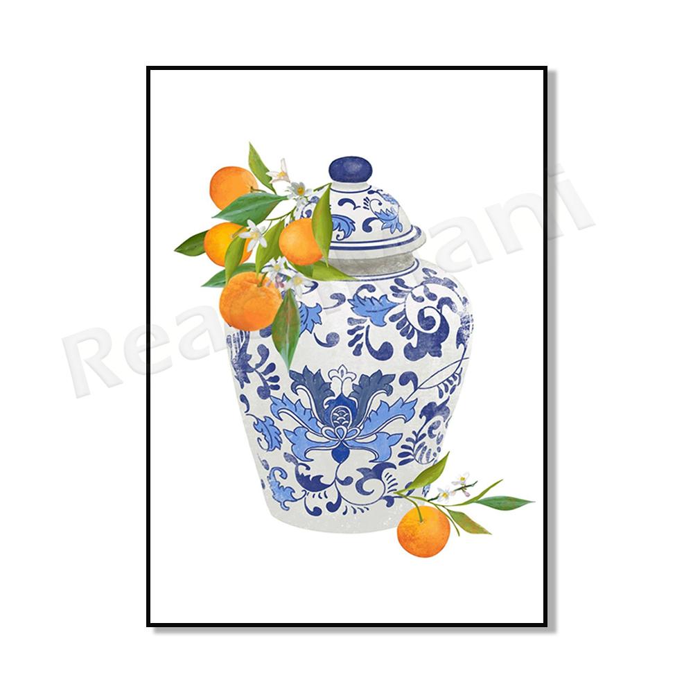 Ginger Jar Art Orange Wall Art Poster, Blue Chinoiserie Vase, Academic Wall Art, Traditional Asian Vase Print, Ginger Jar Print