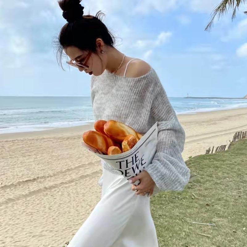 Spring Autumn Long Sleeve Knitted Thin Women Sweater Off Shoulder Simple Transparent Shirt Office Casual Fashion Elegant Loose Tops Solid Clothes