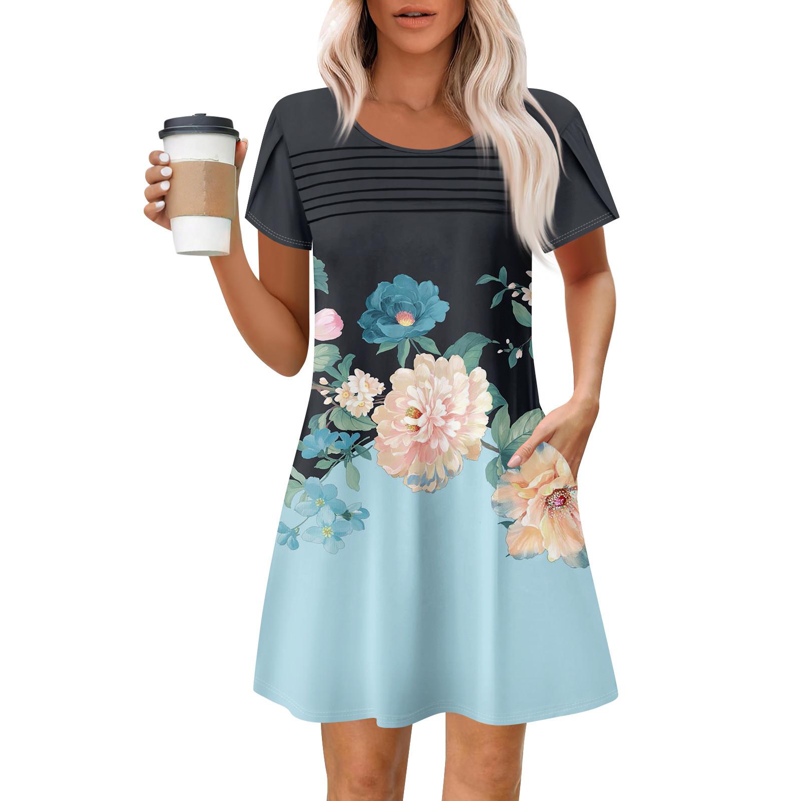 

Женские летние повседневные платья с круглым вырезом, плиссированные, с карманами, с принтом, с коротким рукавом XXL