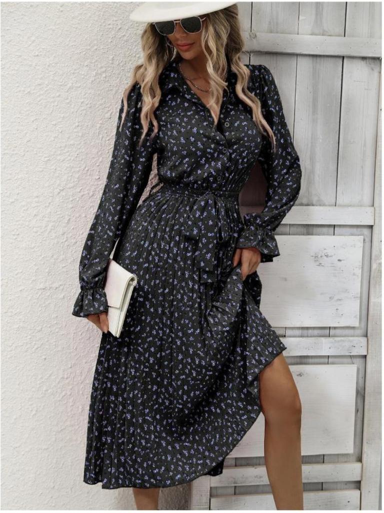 Turndown Collar Printed Pleated Dress Straps Dazzling Length Dress Elegant Long Sleeve Dresses Causal Women Dress