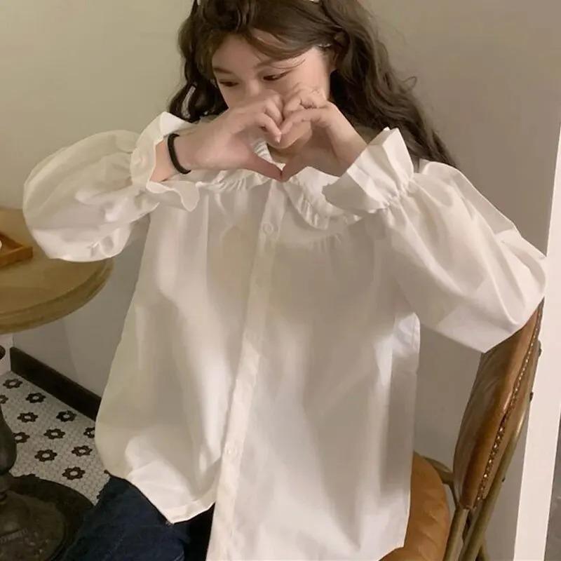Vintage Women White Shirt Preppy Style Fashion Elegant Female Long Sleeve Blouse Y2K All Match Shirts
