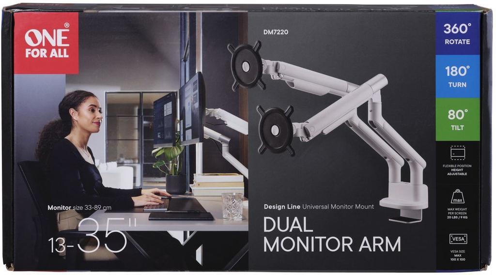 Support moniteur - ONE FOR ALL - Dynamic - Vesa 100 - Double Bras - 13 à 35'' - Blanc