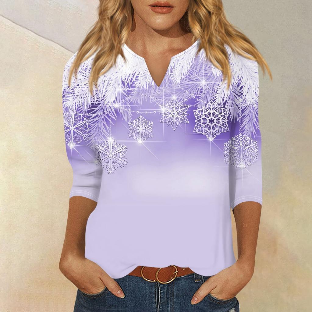 Seven Inch Sleeve Women's Top Printed Retro Fashion Casual Loose V-neck Shirt Christmas