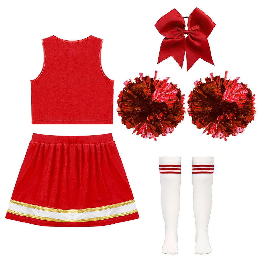 Girls Cheerleading Outfit Sleeveless V Neck Crop Top and Elastic Waist Skirt Set with Bowknot 2Pcs Hand Flowers