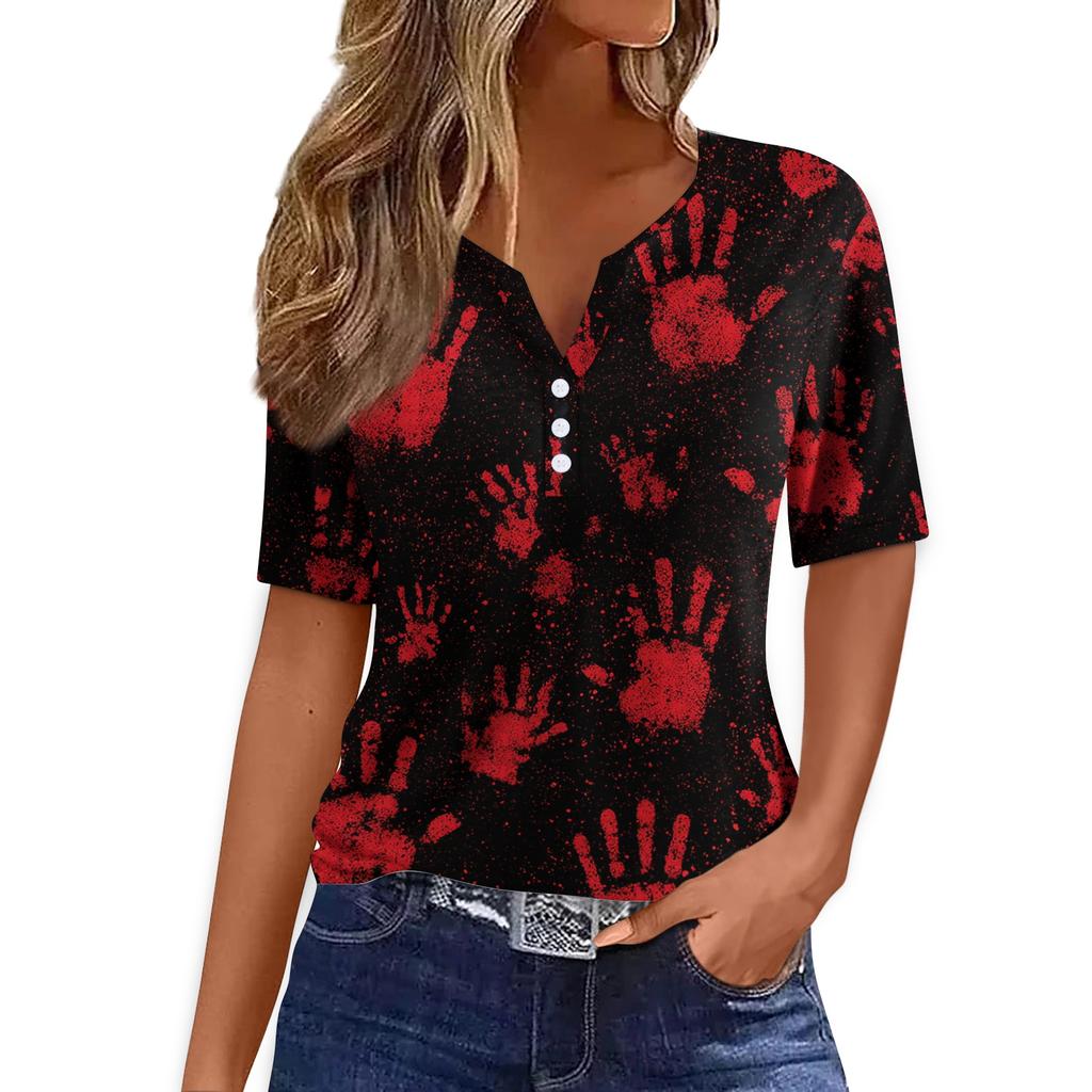 Women's Casual Halloween Printed V-Neck Short Sleeve Button Front T-Shirt