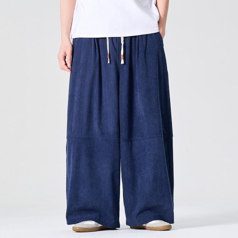Men's Black Corduroy Wide Leg Pants Drawstring Waist Casual Baggy Trousers