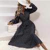 Women Autumn Winter Casual Long Sleeve V-neck Floral Print A-Line High Waist Ankle Length Dress