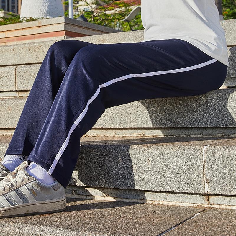 Unisex Dark Blue Summer School Trousers with White Stripe, Loose Straight-Leg for Primary & Secondary Students
