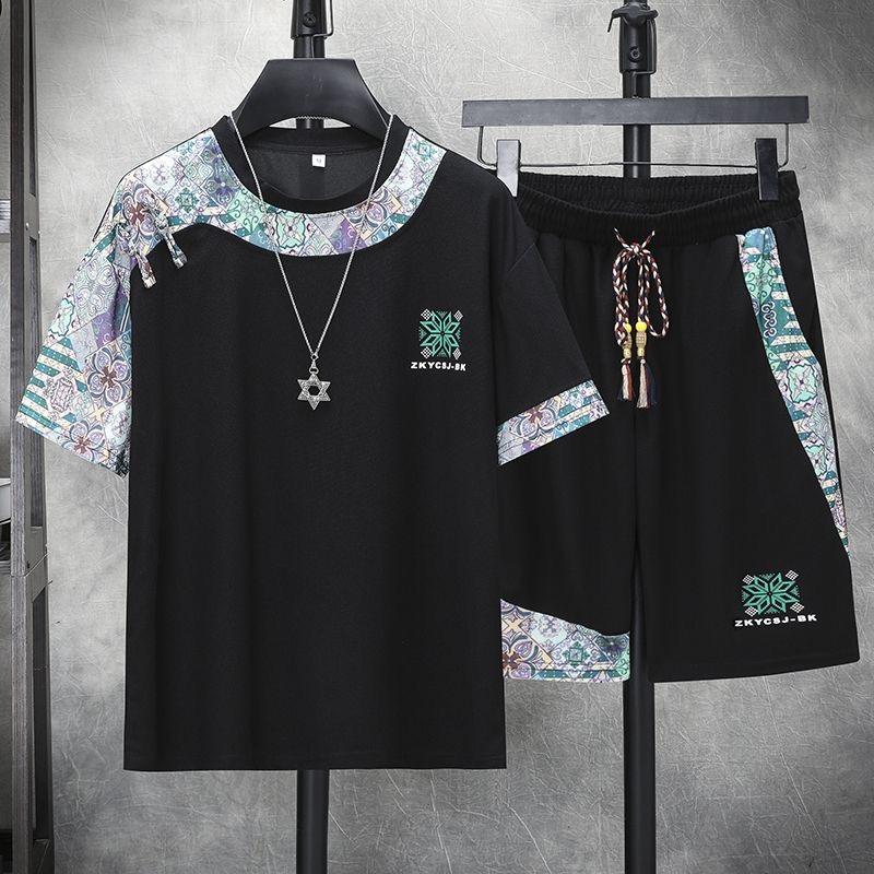 Summer Fashion Trend Print Comfortable Breathable Short Sleeve Shorts Set Men's Casual Loose Sports Plus Size Two-Piece Set