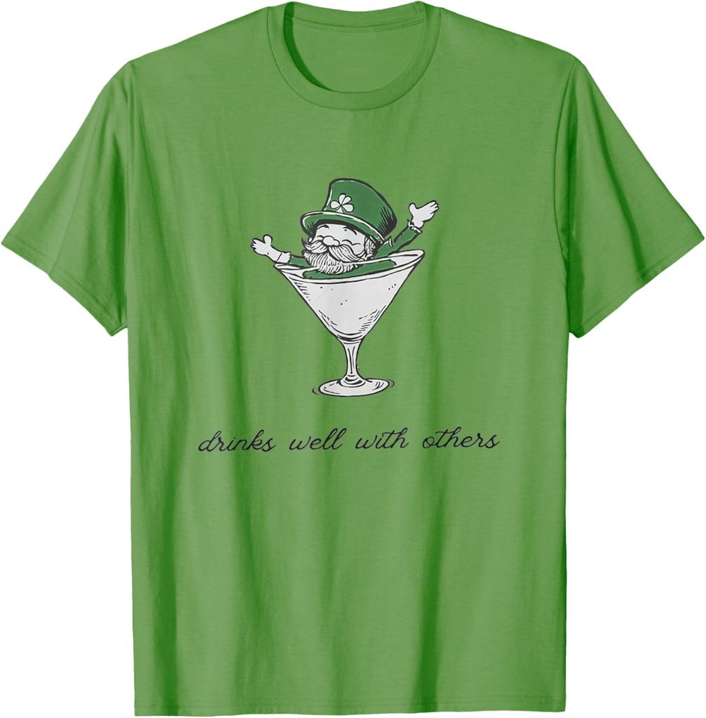 Leprechaun Martini Drinks Well With Others St Patrick's Day Graphic Tee Casual Cotton T-Shirt