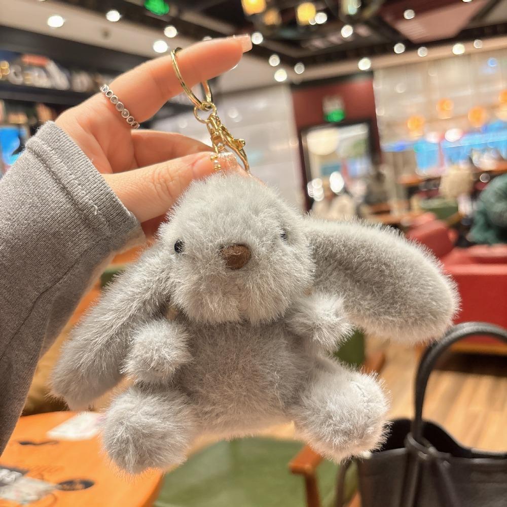 Fluffy Soft Rabbit Plush Pendant Metal Ring Rabbit Plush Key Ring Rabbit Fur Keychains  Handbag серый