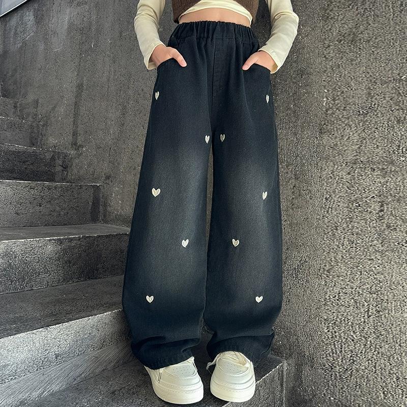 Moda Ragazze Adolescenti Denim Pantaloni Gamba Larga Bambini Pantaloni Primavera Autunno Amore Modello Ragazze Jeans 5-14 Anni Bambini Vestiti