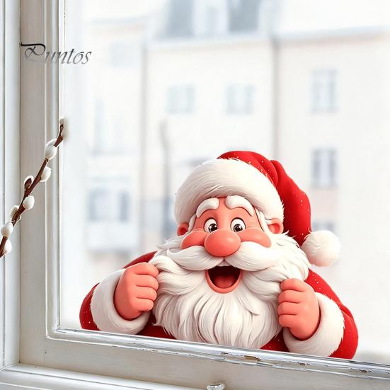 Festive Window Murals Peeking Santa Claus Static Cling, 3D Effect Christmas Wall Stickers Sticker, Reusable Glass Decal for Home Holiday Decor