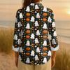 Women's Retro Halloween Printed Button Up Long Sleeved Casual Regular Shirt Collar Top
