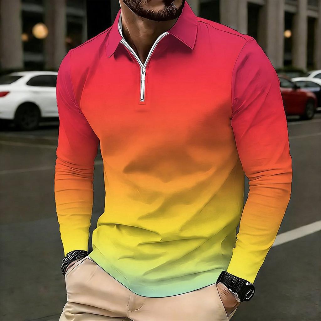 Men Plus Size Collared Long Sleeve Shirt Striped Casual Polo For Daily Life And Weekend Leisure