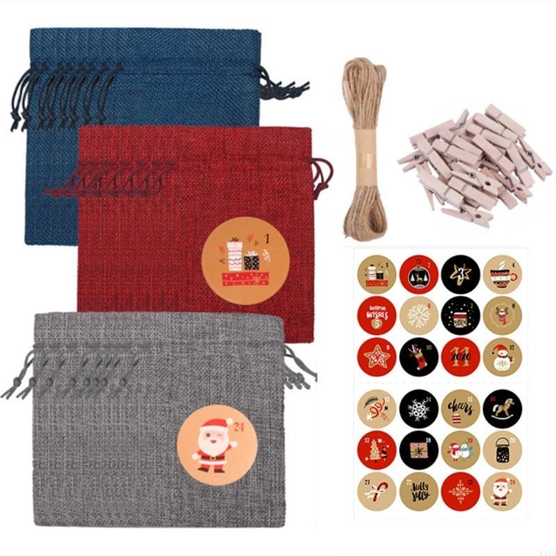 

KX4B Christmas Advent Calendar Bags 24 Days Countdown Calendar Gift Bags DIY Set for Xmas Gift Candy Drawstring Pocket