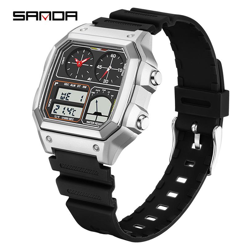 Sanda Temu Temperaturmessung Studenten Sportuhr, Wasserdicht Dual-Display, Multifunktionales Quadratisches Design