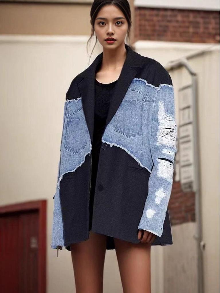 Korean Style Women's Denim Patchwork Cuffed Ripped Suit