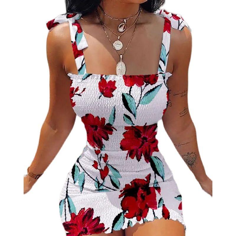 Small Summer New Arrival off-Neck White Flowers Print Silm Elastic Hip Tied Spaghetti-Strap Dress Women