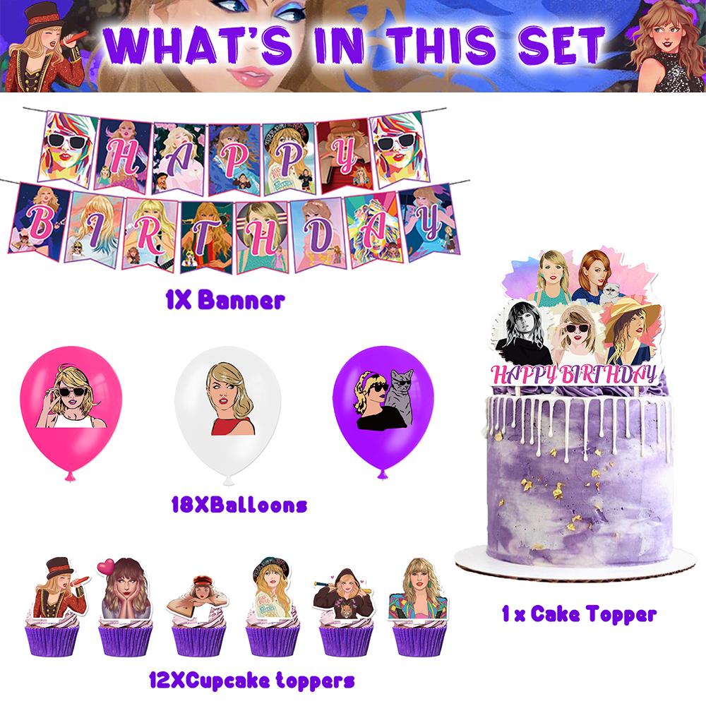 Taylor Swift Singer's Party Decorations Include a Banner, Balloon, Cake Topper