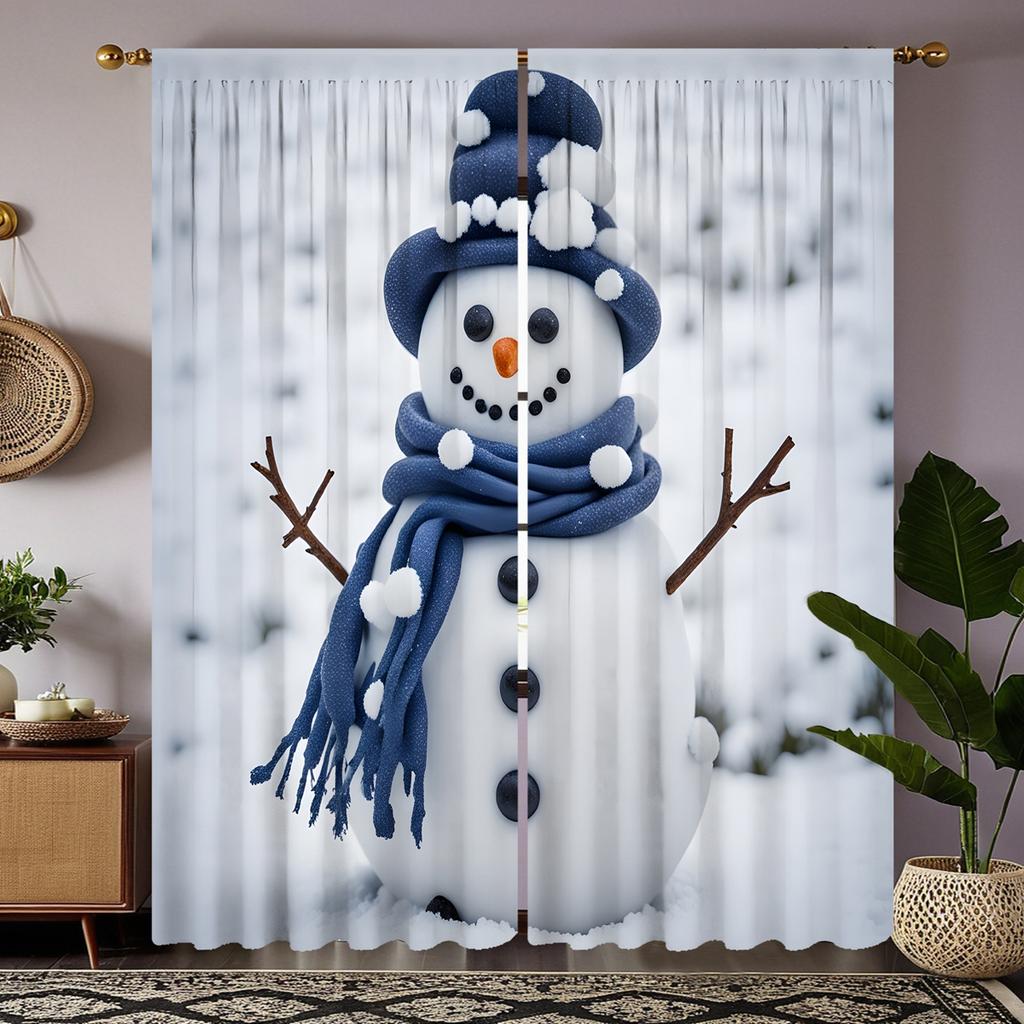 2pcs HD Christmas Blue Snowman decorative curtain White tie digital printed curtain Home Decoration style Decoration living r
