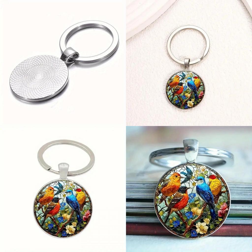 Watercolor Bird Group Glass Keyring With Alloy Material For Gift And Everyday Use
