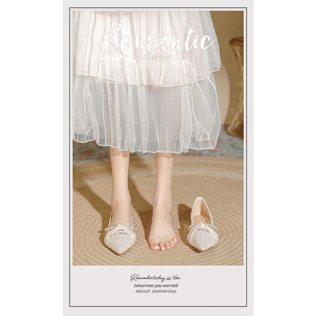 French Style Women's Flat Shoes, New Fairy Style Pearl Bridesmaid Single Shoes, Mesh Breathable and Gentle Sandals for Women