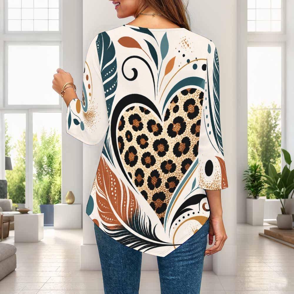 Ladies Plus Size Three Quarter Sleeve Shirt Pointed Hem Loose Breathable Casual For Office Daily Wear