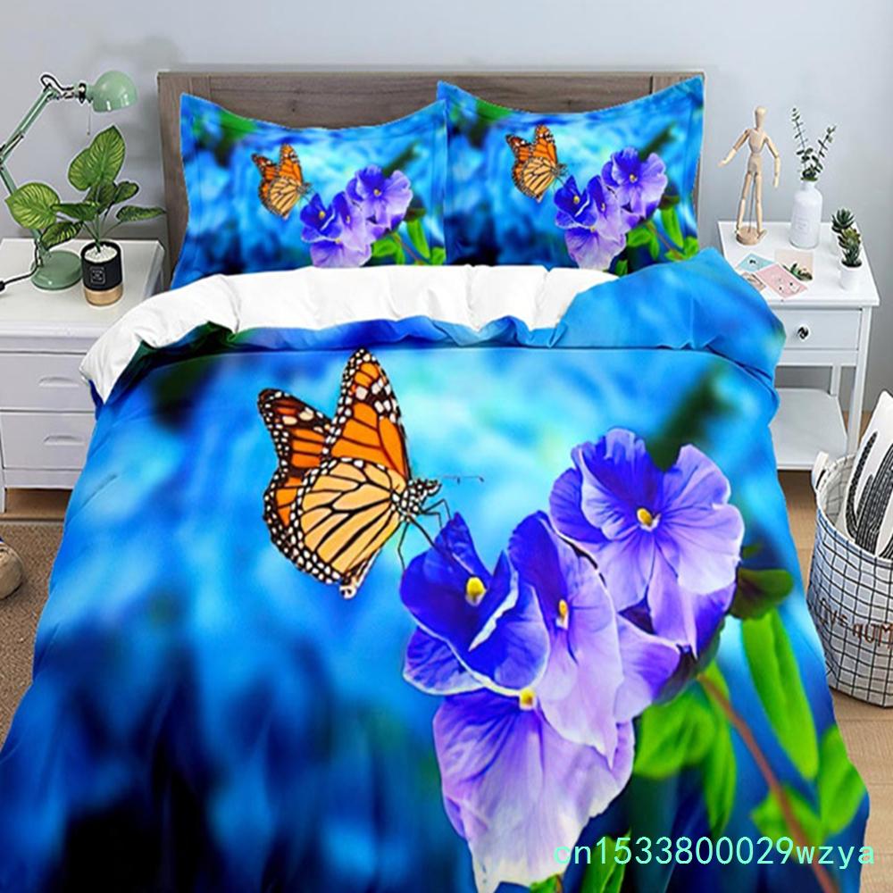 3D Bunter Schmetterling Bettbezug Natürliches Blumen- und Schmetterlingsmuster Bettwäscheset für Mädchen Frauen Mikrofaser mit Kissenbezügen