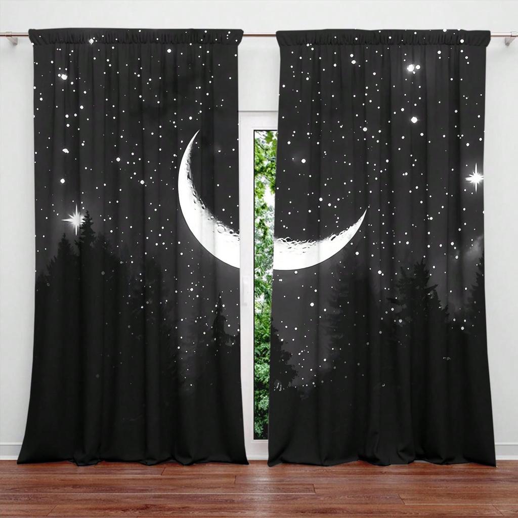 2pcs Black And White Starry Sky Crescent Moon Decorative Curtains   Warm In Winter   Insulated In Summer   Energy-Saving Suitable