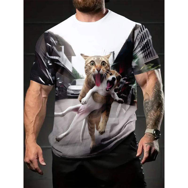 Funny Cat Hug Dog 3D Print T Shirt Men Summer O Neck Short Sleeve Casual Streetwear Animal Graphic Tee For Pet Lovers