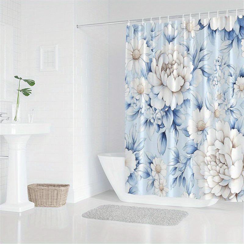 1Pc Vintage Botanical Peony Shower Curtain - Soft Blue And White Floral Pattern With Hooks Machine Washable Polyester Fabric