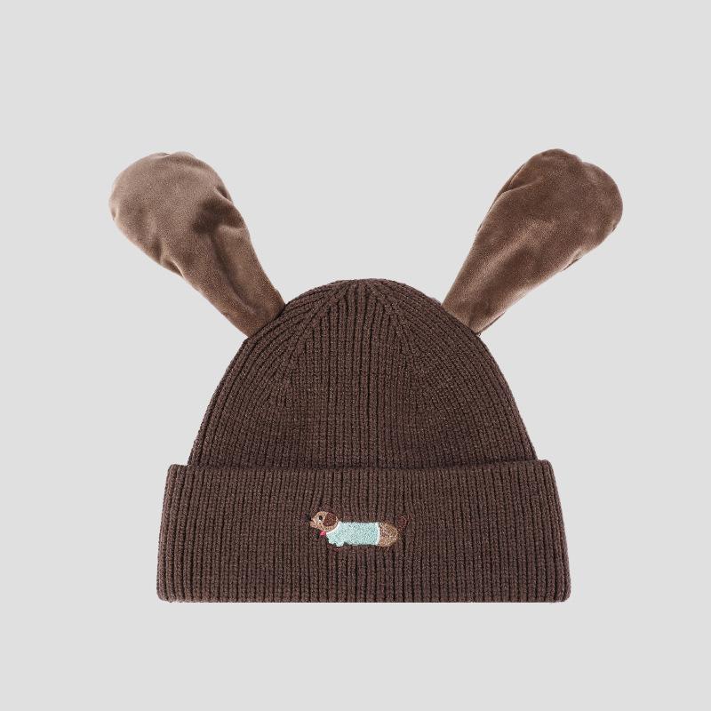 Pinch Ears Will Ring Knitted Hat Women Autumn Winter Windproof Warm Embroidered Dog Wool Hat