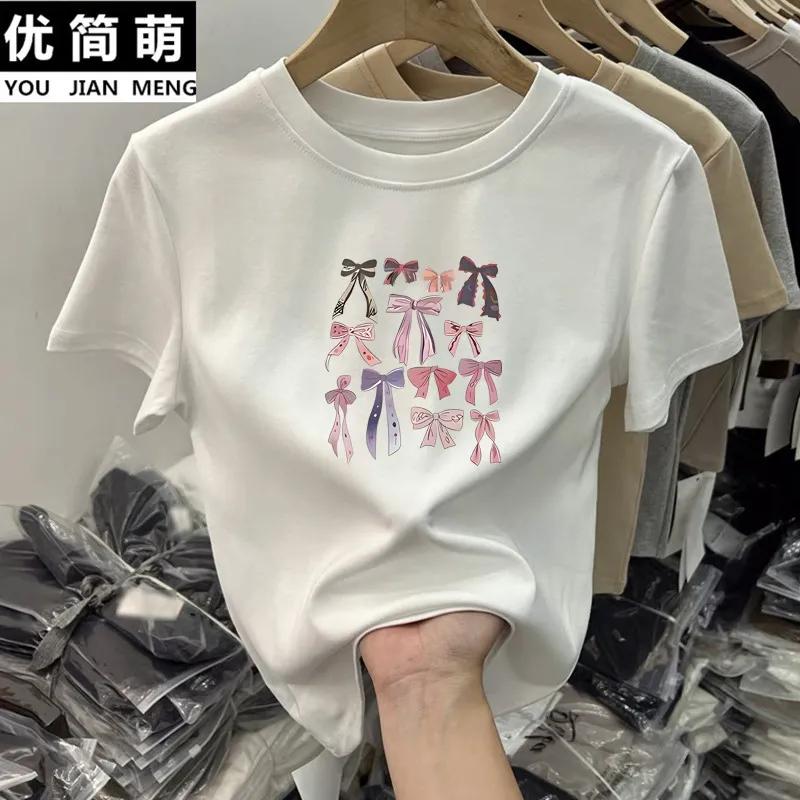 Women Multi Bowknot Graphic Crew Neck Short Sleeve Casual T-shirt