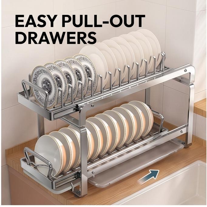 Premium Stainless Steel Pull Out Dish Rack Kitchen Cabinet Drawer Bowl Plate Drying Multi Size Storage Organizer