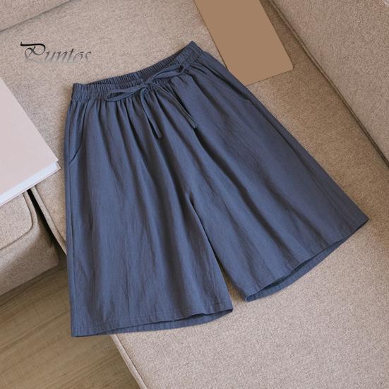 Women Summer Casual Shorts Elastic Waist Drawstring Pockets Shorts Solid Color Wide Leg Loose Short Pants Streetwear