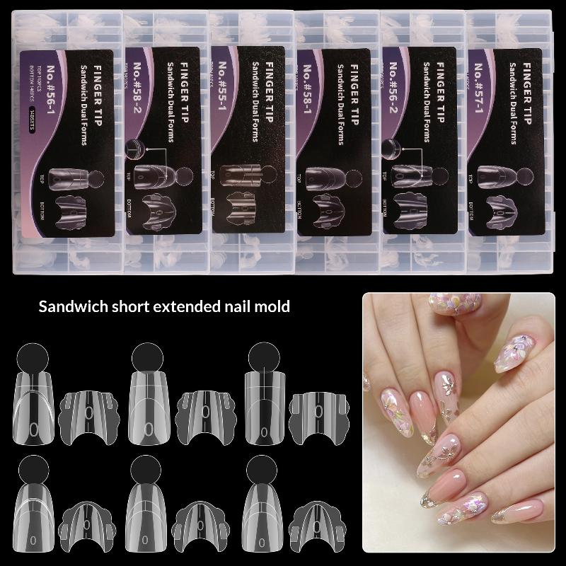 140 Piezas Sandwich para Uñas Dobles Formas Rápidas para Extensiones de Uñas Con Escala Modelo Armadura de Cristal Puntas de Cobertura Total Herramienta de Manicura